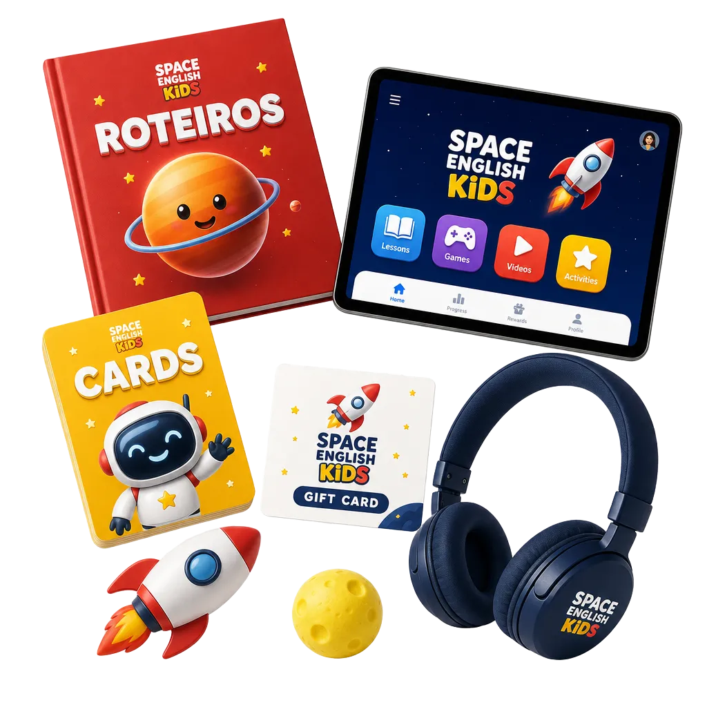 Plataforma Space English Kids em tablet, com trilhas de planetas